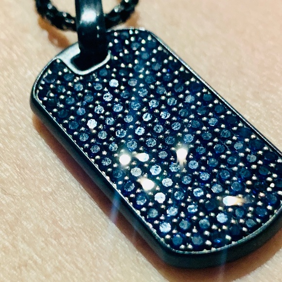 David Yurman PAVÈ Blue Sapphire Black Titanium Steel Silver Dog Tag. - Picture 4 of 15